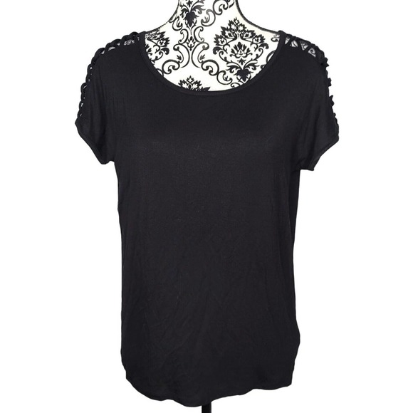 T Tahari Tops - Tahari Lace up Shoulders Tee Size M Black